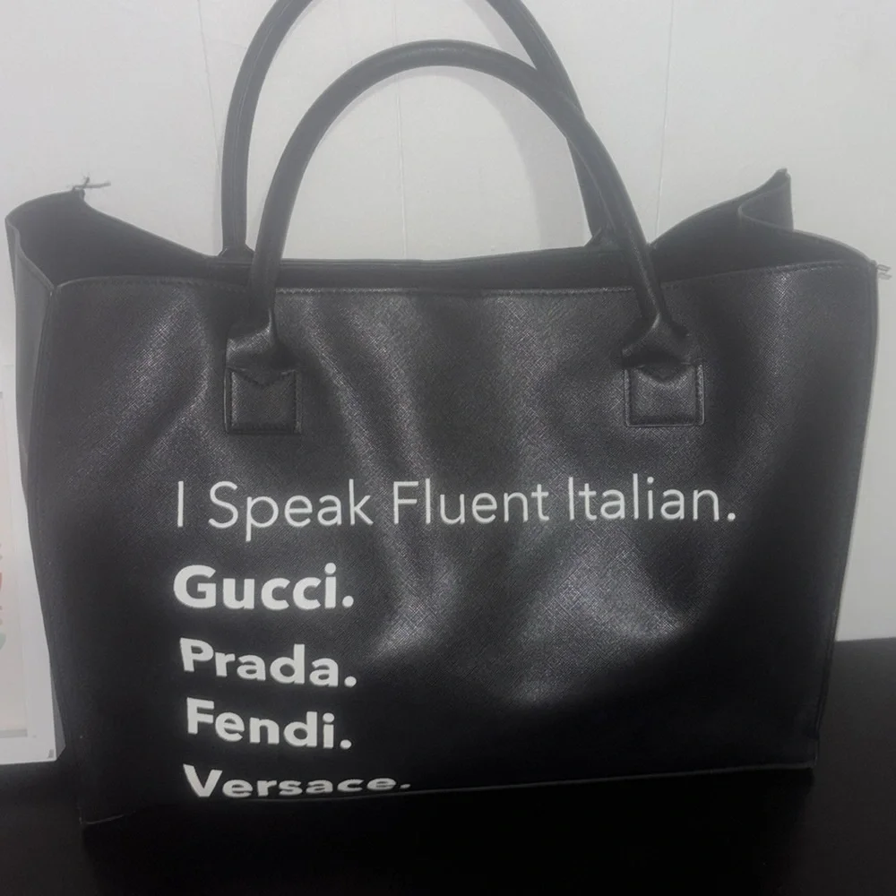I speak Fluent Italian Vegan leather designer black tote-LA/TC - Picture 2 of 9